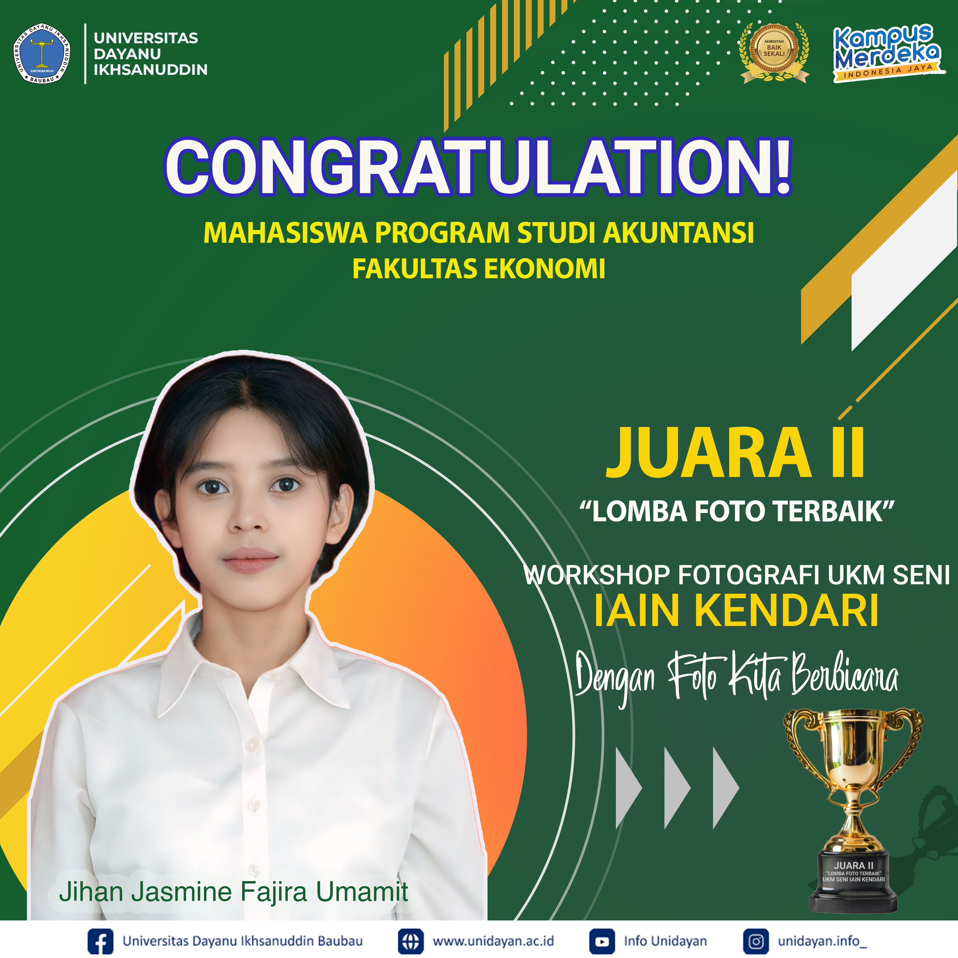 JIHAN JASMINE FAJIRA UMAMIT RAIH JUARA II DALAM LOMBA FOTO TERBAIK DI WORKSHOP FOTOGRAFI IAIN KENDARI