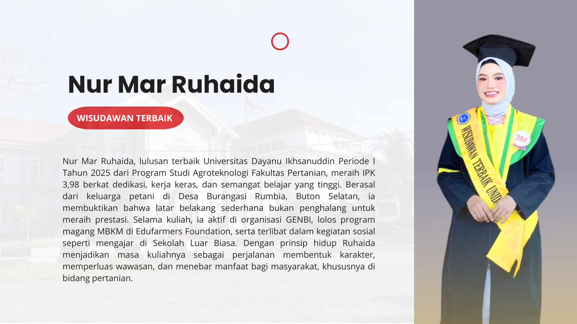 DARI LADANG KE PUNCAK PRESTASI: NUR MAR RUHAIDA, ANAK PETANI DARI BUTON SELATAN RAIH LULUSAN TERBAIK UNIDAYAN 2025