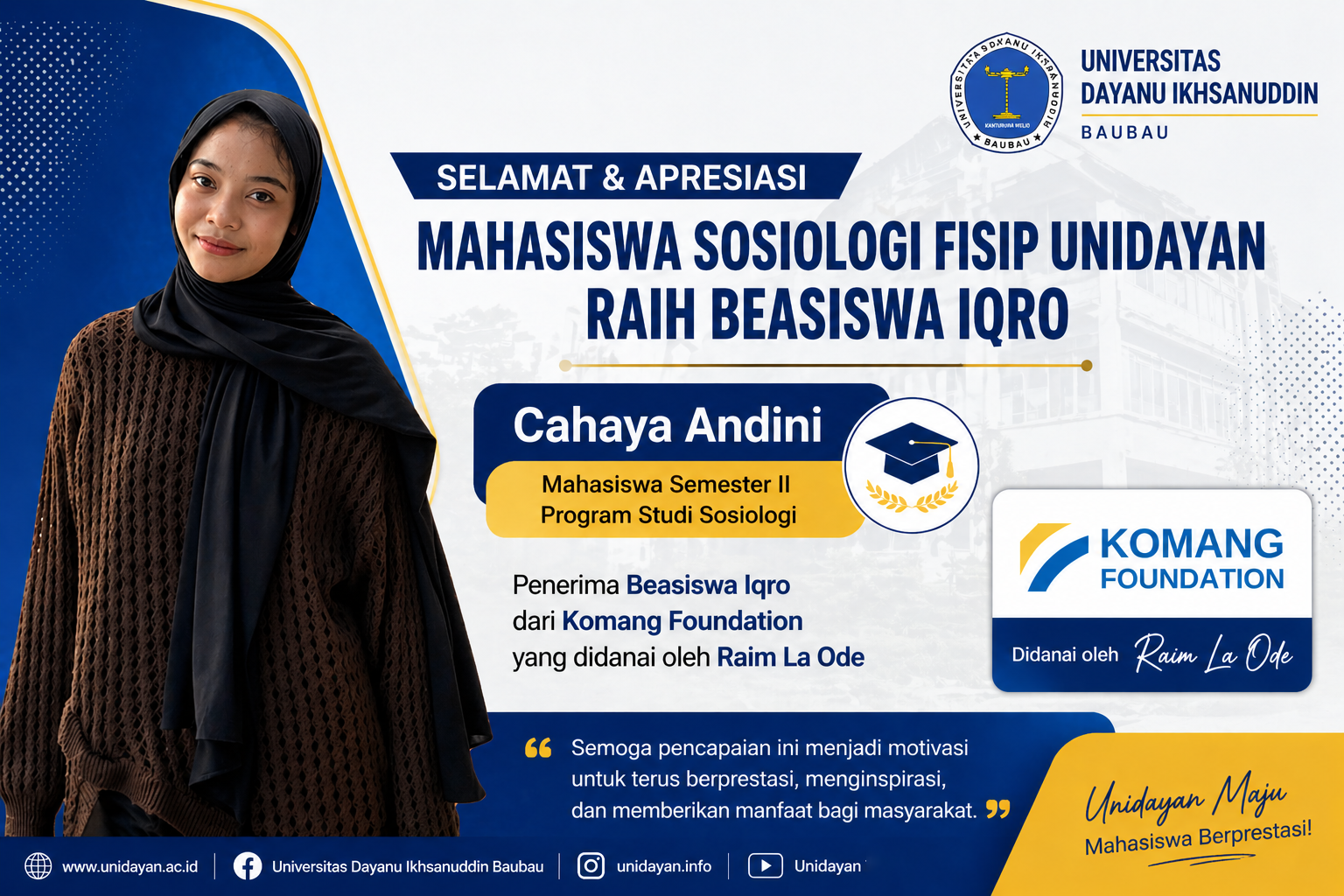 MAHASISWA SOSIOLOGI FISIP UNIDAYAN RAIH BEASISWA IQRO DARI KOMANG FOUNDATION